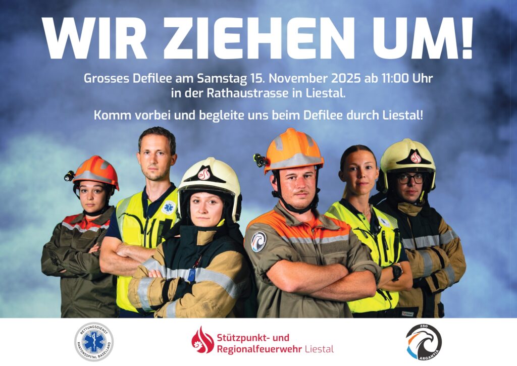 WIR ZIEHEN UM! Grosses Defilee am Samstag 15. November 2025 ab 11:00 Uhr in der Rathaustrasse in Liestal. Komm vorbei und begleite uns beim Defilee durch Liestal!
